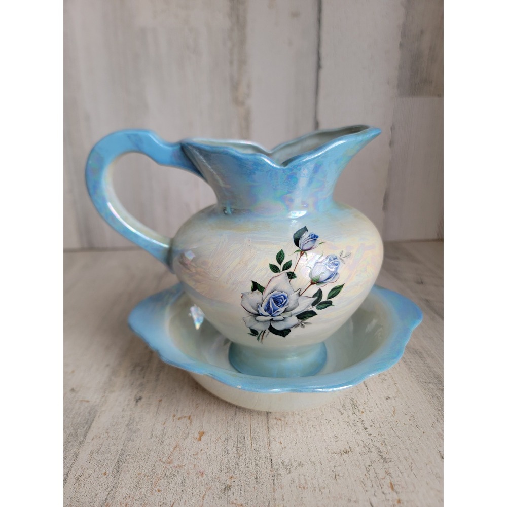 Vintage iridescent blue rose water basin pitcher bowl set kitchen home decor